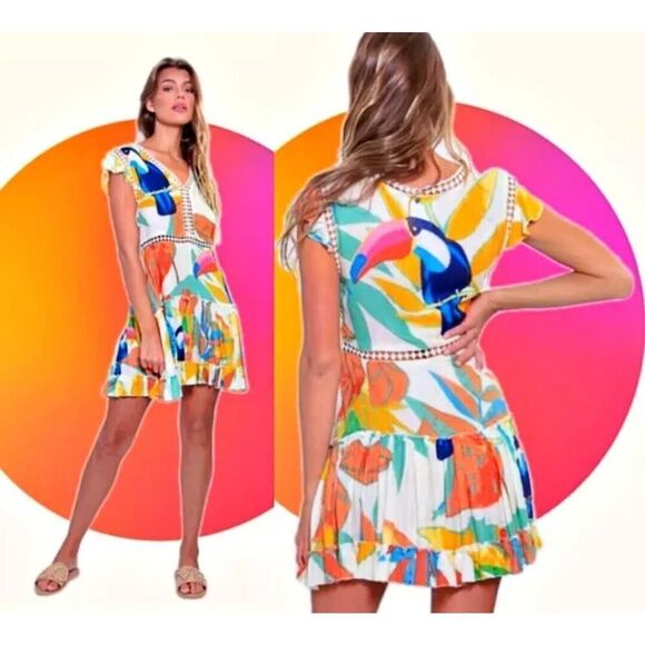 Z&L EUROPE Tassel Tie Armhole Lace Trimmed Tiered 32" Mini Dress Tucan Print S - Picture 1 of 6